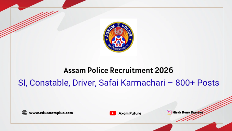 Assam Police Recruitment 2026 :- SI, Constable, Driver, Safai Karmachari – 800+ Posts